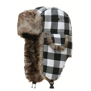 White Winter Plaid Trapper Hat Insulated Ear Flap Warm Cold Weather Ski Hunting